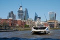 View of skyscrapers of Central business district. of London from Thames river